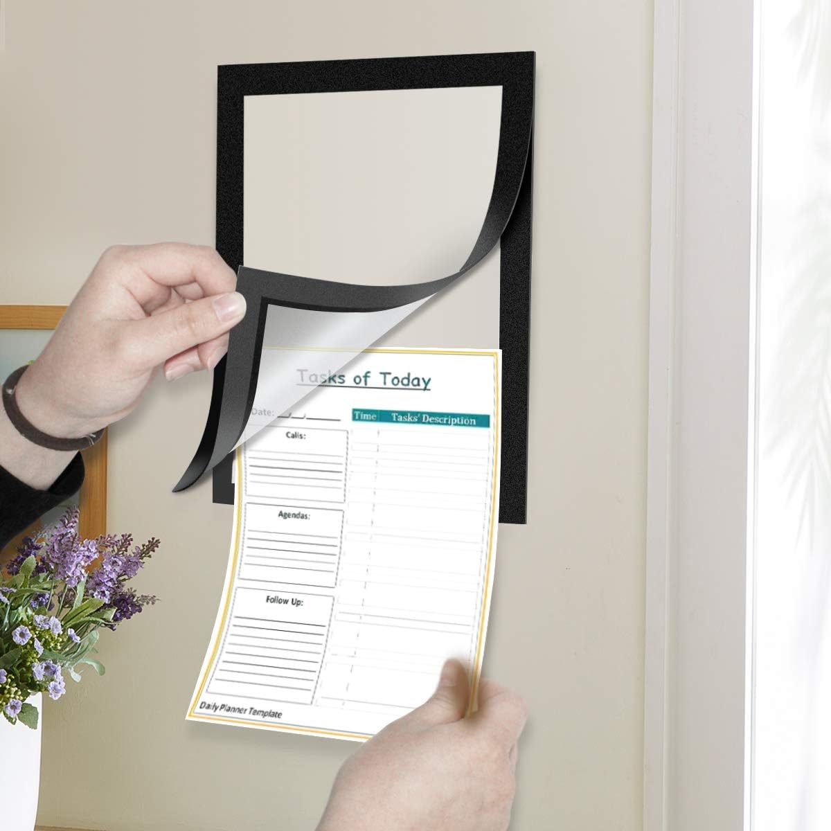 Document Sign Holder Pockets with Adhesive Back, Plastic Poster Picture Notice Display Frame for Window/Door/Wall/Cabinet, 8.5 x 11.6 Inches, Black, 2 Pack