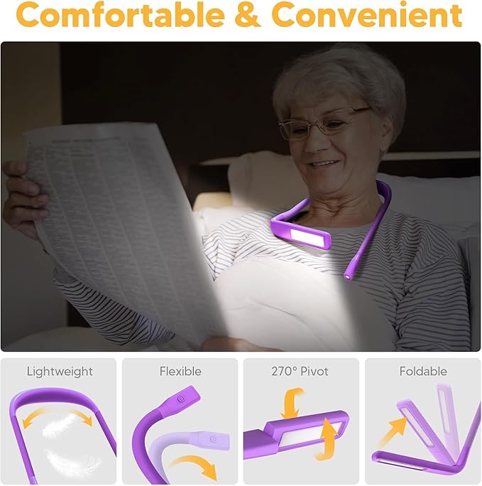 Voilet Neck Light with Storage Case, 10-80Hrs Eye-friendly Book Reading Light, Knitting Crochet Sewing Craft Light Rechargeable Adjustable, Christmas Birthday Gifts for Book Lovers Knitters Crafters