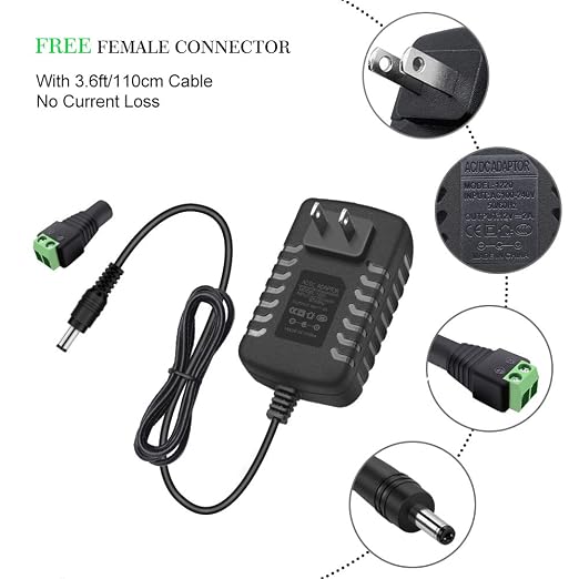 12V Power Supply, 12 Volt 2A 24W DC Power Supply, Black LED Power Adapter, AC 110V to 12V Wall Mounted Transformer Plug for LED Strip Lights with 5.5/2.1 DC Female Connector