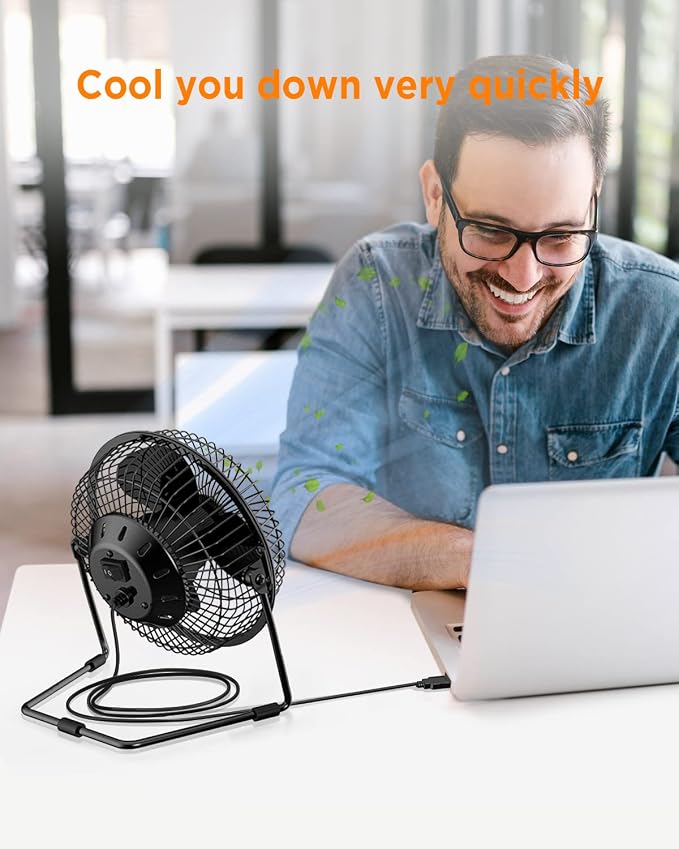 EasyAcc 5 Inch USB Desk Fan, Small USB Desk Fan, [Small Quiet Strong Airflow and 360° Rotating Personal Table Cooling Fan] USB Powered Portable Fan, 2 Speed（3.3~4.1 M/S Black (USB POWERED ONLY)