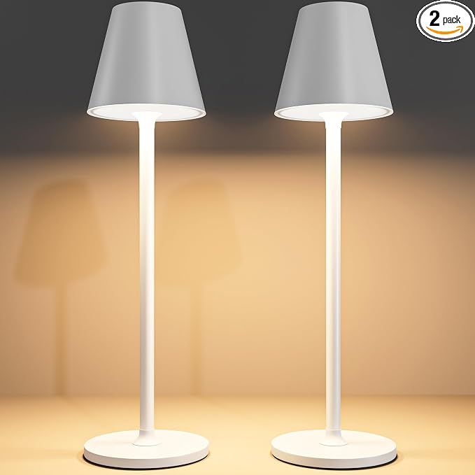 Timjorman 2-Pack Cordless Table Lamps - 5000mAh Rechargeable Battery Operated Desk Lamp, 3-Level Dimmable LED Night Light for Bedroom, Dining, Restaurant - Metal Design (White 2-Pack)