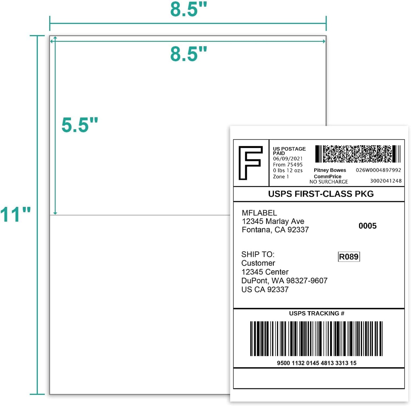MFLABEL Half Sheet Label Laser/Ink Jet Shipping Label 8.5 x 11 Inches Packaging Labels, Address Labels for Laser & Inkjet Printers, 2500 Count(1250 Sheets)