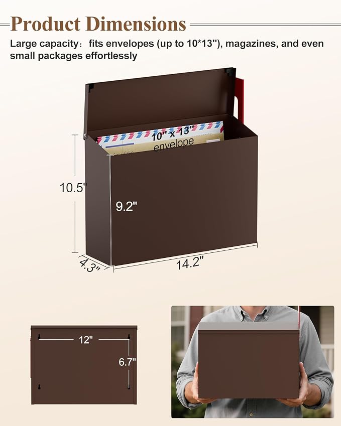 Wall-Mount Mailbox for Outside, Large Capacity Rust-Proof Mail Box with Stay-Open Lid & Red Flag Kit, Galvanized Steel Weather-Resistant Post Box for House Outside, 10.5"x4.3"x14.2", Brown