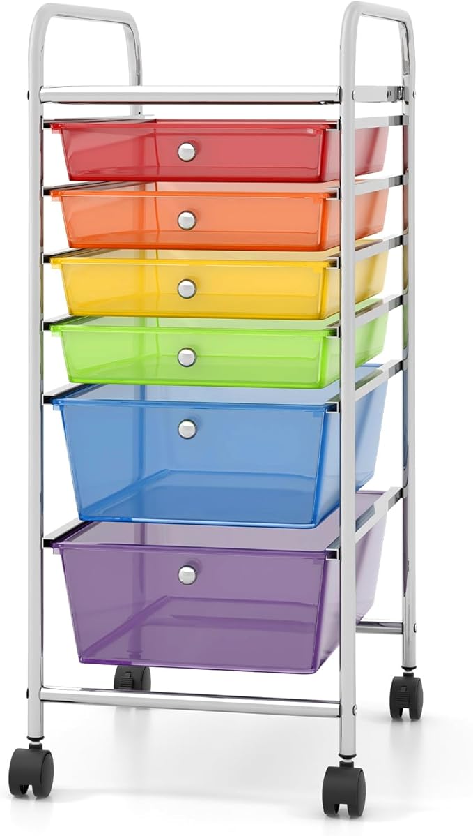 COSTWAY 6-Drawer Rolling Storage Cart, Art Craft Tools Organizer on Wheels | Multifunctional Heavy Duty Utility Mobile Storage Trolley w/ 2 Lockable Wheels for Home Office School (Rainbow)