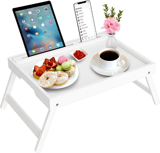Artmeer Bamboo Bed Tray Table with Device Slot, Folding Legs, Large, White | FSC-certified bamboo bed tray with folding legs, device slot and handles for meals, laptops, reading and serving in bed.