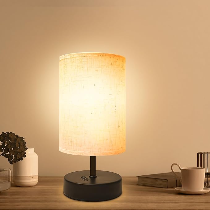 DEGNJU Small Bedside Lamp, Mini Minimalist Table Lamp with Round Flaxen Fabric Shade, 9 Inch Desk Reading Lamp for Bedroom, Living Room, Office, 1 Pack