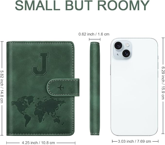 Passport Holder Wallet Cover Personalized Initial Travel Essentials | Embossed Letter A-Z Design, Travel Wallets, RFID Blocking, Passport Book Holders, Women Men, Personalized Gifts, Green-J