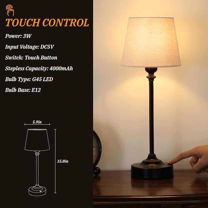 Cordless Table Lamp Rechargeable Bronze - 1 Pack Brass 4000mAH Battery Operated Lamp for Decor, 3000K Stepless Dimming Touch Control Wireless Lamp for Bedroom, Dining Table, Counter, Living Room