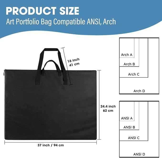 ZKOO 24 x 36 Inch Art Portfolio Bag, Large Size Art Case Light Weight Waterproof Poster Board Storage Bag, Studio Portfolio Tote for Artwork, Poster, Sketch Drawing, Canvas (Black, 2 Pack)