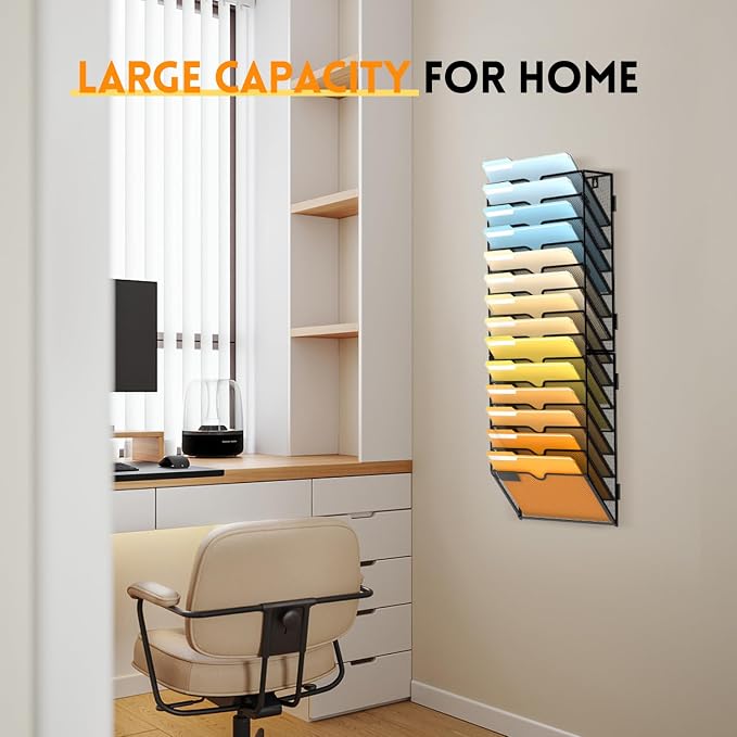 14 Tier Wall File Organizer, Hanging Wall Mounted Mail Organizer with Label Slots, Metal Mesh File Holder Magazine Rack for Office, Home, School or Classroom, Black