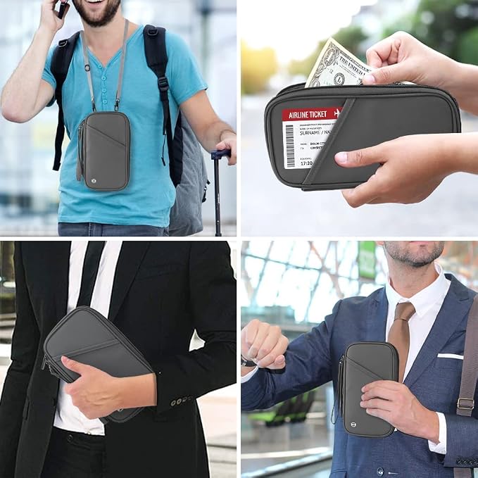RFID Travel Passport Holder - Family Passport Wallet Holder, Lightweight Portable Travel Document Organizer Passport Card Cover with Zipper Pocket, Grey