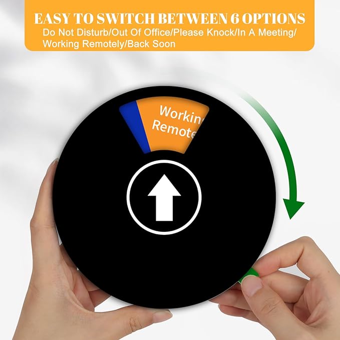 Office Door Sign- Do Not Disturb/Out of Office/Please Knock/In a Meeting/Working Remotely/Back Soon, Rotating Privacy Door Sign Conference, 6 Inch, Black