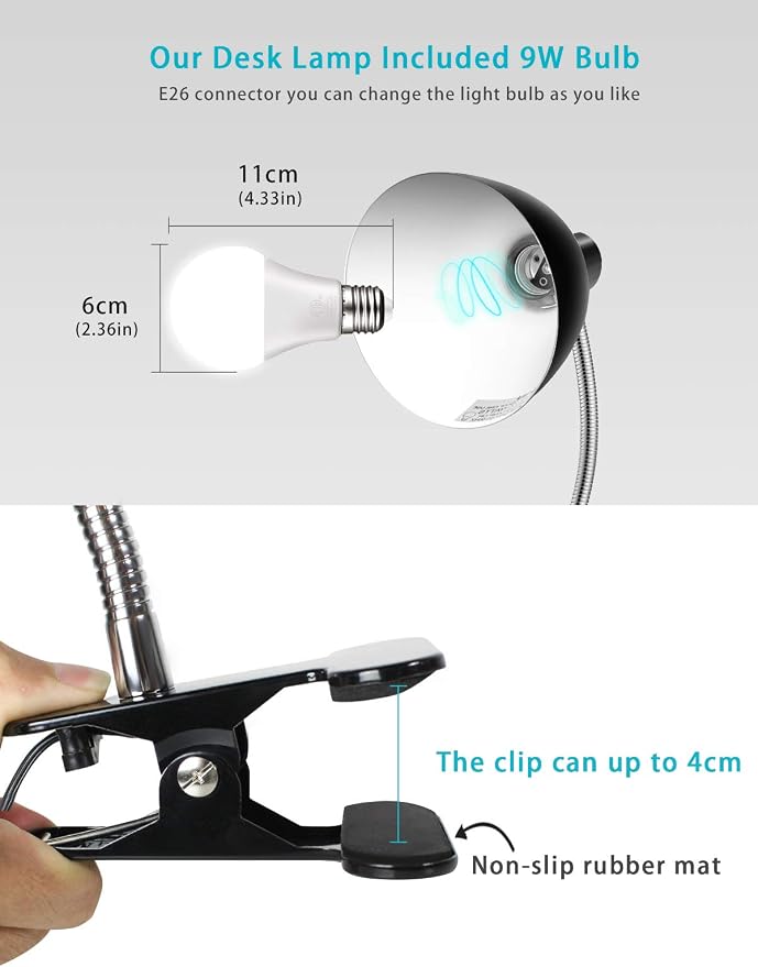 Desk lamp Eye-Caring Table Lamps, 360°Rotation Gooseneck Clip on Lamp Reading Light Portable Reading Book Light Clamp Study Desk Lamps for Bedroom and Office Home Lighting (Black)