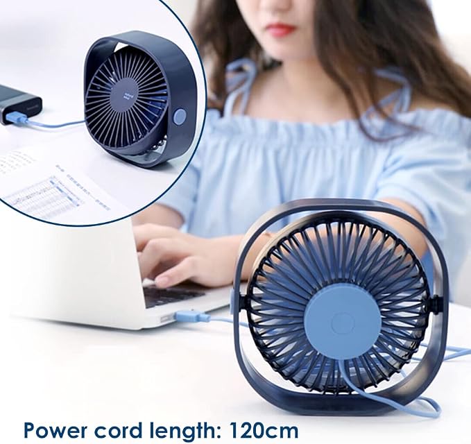 Simpeak Small USB Fan Small Quiet Portable USB Powered ONLY (No Battery), Cooling 3 Speed Setting 360° Adjustable Swivel Desktop Personal Fan for Home Office Bedroom Outdoor Travel Summer, Blue