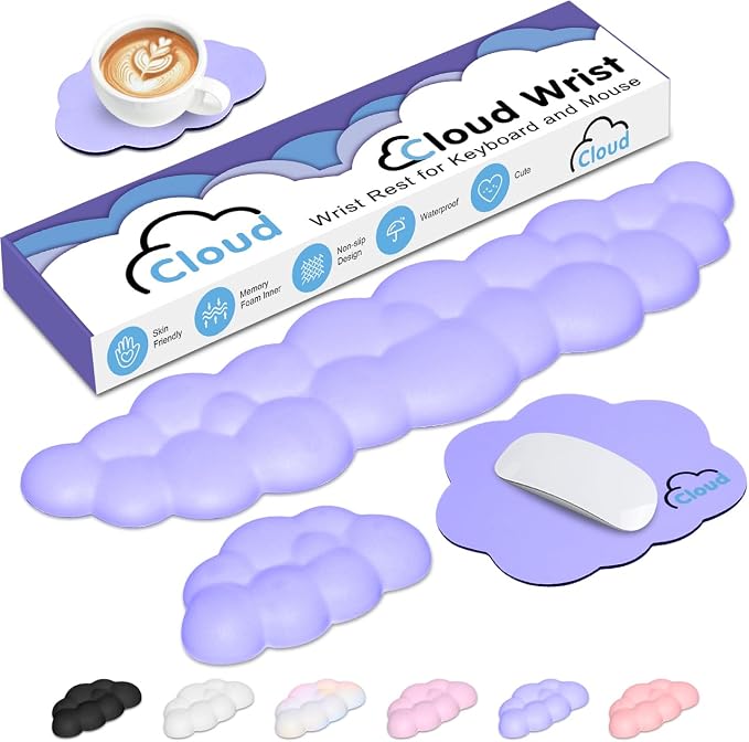 4 in 1 Ergonomic Leather Cloud Wrist Rest Keyboard and Mouse Pad & Coaster | Full 4-Piece Set, Non-Slip PU Base, Soft Memory Foam Comfort For Long Work/Gaming Hours, Cute Desk Decor, Easy To Clean