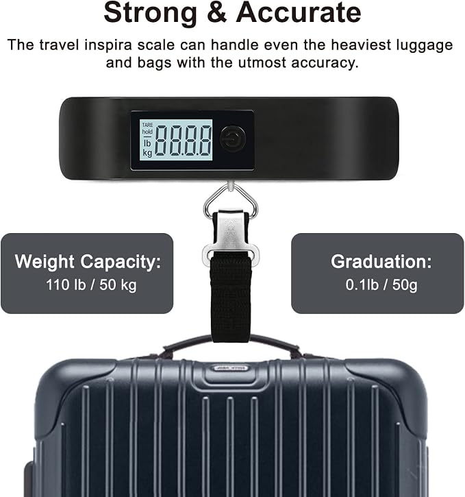travel inspira Luggage Scale, Portable Digital Hanging Baggage Scale for Travel, Suitcase Weight Scale with Rubber Paint, 110 Pounds, Battery Included