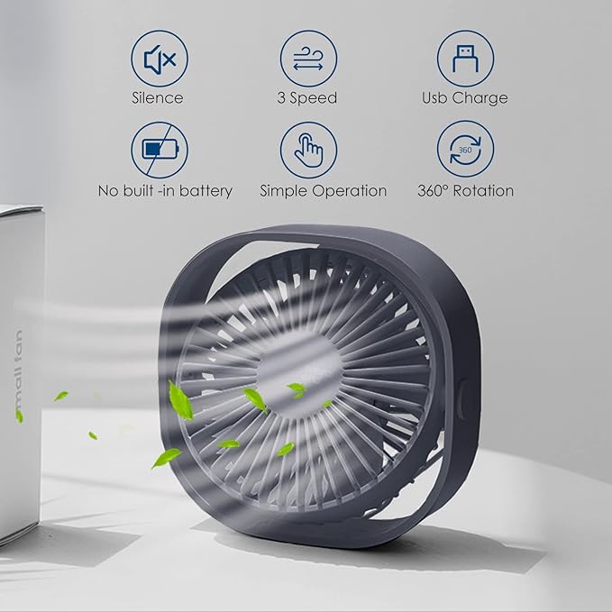 Simpeak Small USB Fan Small Quiet Portable USB Powered ONLY (No Battery), Cooling 3 Speed Setting 360° Adjustable Swivel Desktop Personal Fan for Home Office Bedroom Outdoor Travel Summer, Grey