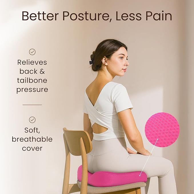 Sleepavo Office Chair Cushion - Seat Cushion for Tailbone Pain Relief - Butt Pillow for Coccyx, Sciatica, and Lower Back Pain - Orthopedic Chair Pad for Lumbar Support in Office Desk (Pink)