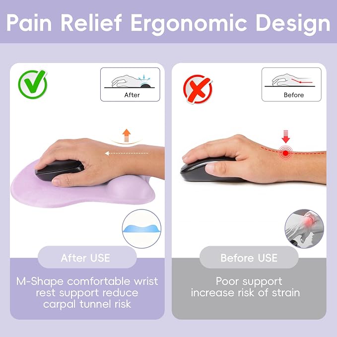 Mouse Pad with Wrist Rest Ergonomic Mouse Pad with Comfortable M-Shape Pain Relief Wrist Support Non-Slip PU Base Mousepad for Laptop, Office & Home (Plum)