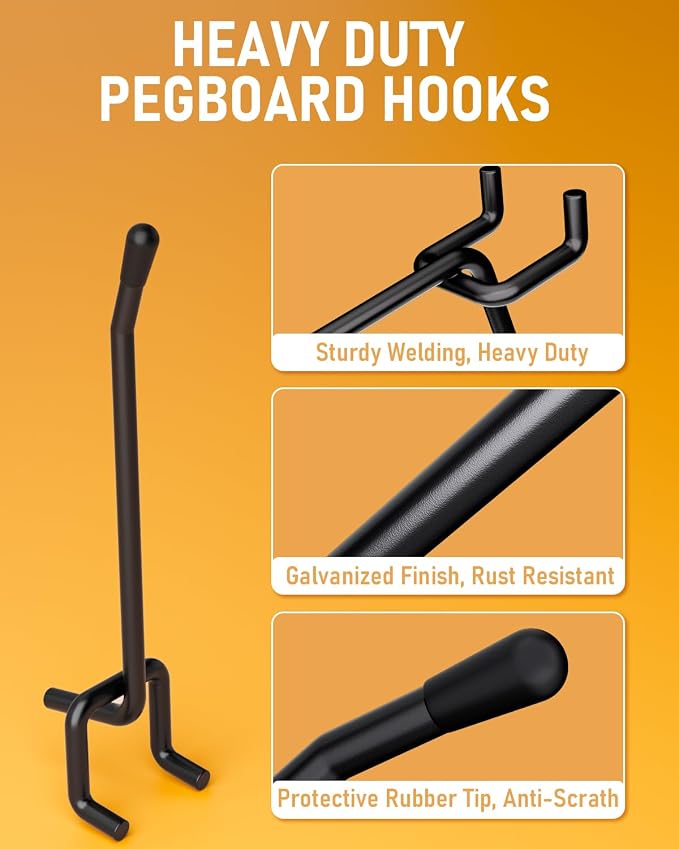 INCLY 60 Pack 4 Inch Black Pegboard Hooks, 1/4" Heavy Duty | Peg Board Shelving Hooks Accessories, Fit for 1/4" Pegboard, Garage, Crafts, Kitchen, Store, Peg Board Tool Hangers