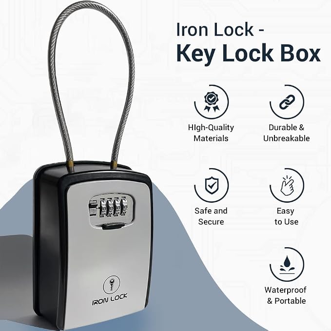 Iron Lock® XXL Portable Key Lock Box, 15in Steel Cable, Code (XXL, Grey) | Holds 20-30 keys + car fobs; unique built-in tray; loops on gate or rail or wall-mounts; resettable code; dial cover