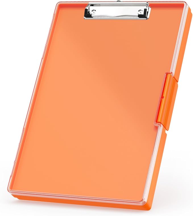 Rimilak Clipboard with Storage,8.5x11 2 Compartment Clip Board, Orange | Smooth Writing, Side-Opening Plastic Folder with Pen Holder, Size 13.3 x 9.4 x 1.5″,for Classroom, Teacher, Student