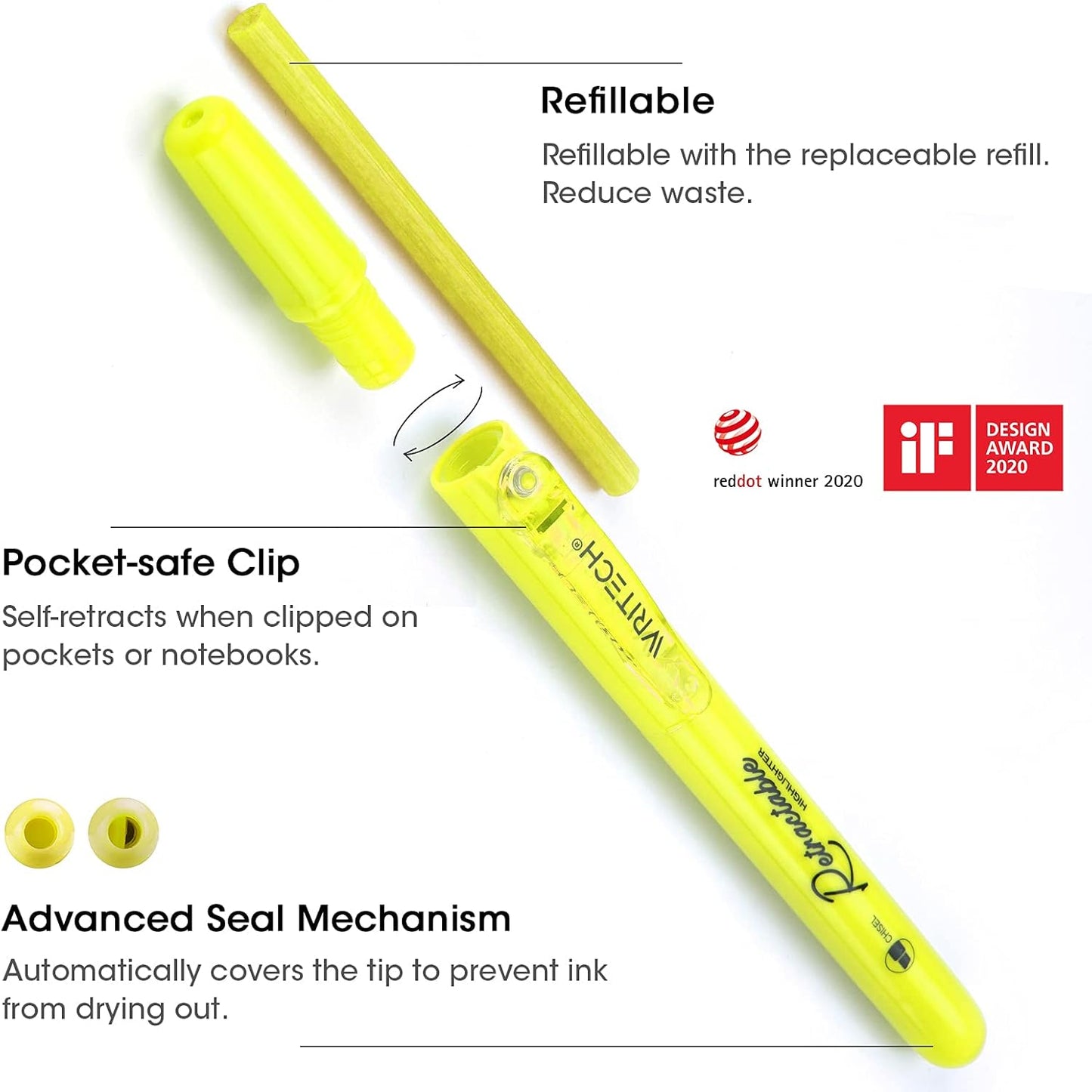 WRITECH Retractable Highlighters Assorted Colors: Chisel Tip Click Aesthetic Highlighter Marker Pens Pack Multi Colored Ink No Bleed Smear for Highlighting Journaling (6ct Neon)