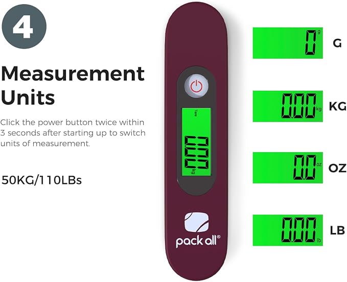 pack all Digital Luggage Scale for Travel, 110Lbs Capacity, 0.1Lb Precision | Handheld, Backlit LCD Display, Lb/Kg/Oz/g Conversion, Tare Function, Battery Included, Red