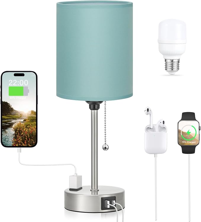 Small Bedside Table Lamp for Bedroom - Desk Lamp with USB Ports for Dorm | USB A+C Ports, AC Outlet, 3 Color Temperatures, LED Bulb Included, Teal Fabric Shade, Sleek Silver Base, 14" Night Stand Lamp