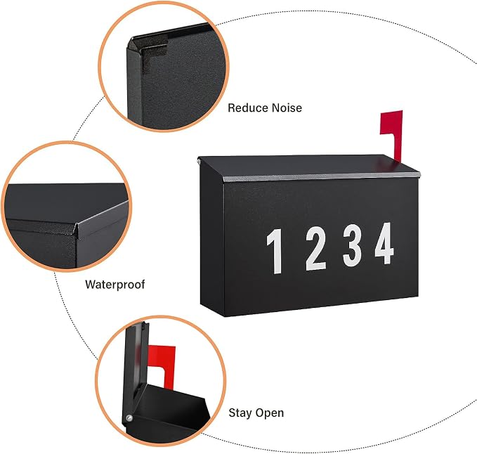 LAND·VOI Wall-Mount Mailbox with One Flag Kit and Three Sets of 0-9 Mailbox Number Stickers, Mailboxes for Outside, Galvanized Steel Rust-Proof Metal Post Box, 4.33" Dx14.2 Wx10.43 H, Black