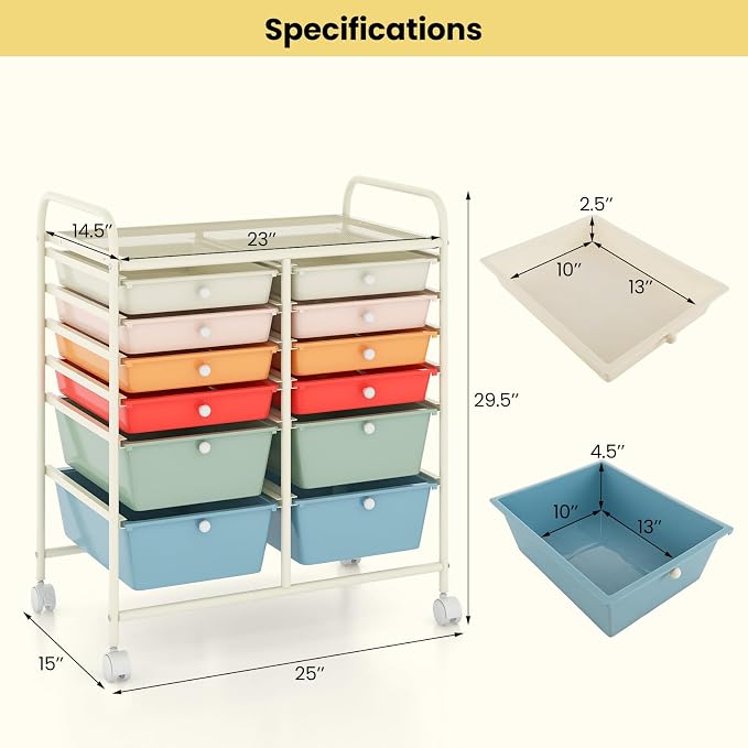 BECOMFORT 12-Drawer Rolling Cart with Drawers, Storage Cart on Wheels, Teacher Classroom Organizers with Metal Frame, Mobile Craft Cart, Trolley Utility Cart for School Office Play Room