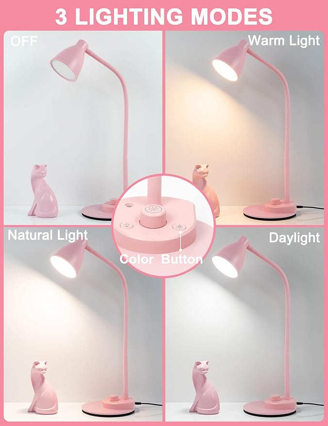 BOHON Cute Desk Lamp with USB Charging Port, 3 Color Modes Dimmable, Pink | Pink Lamp LED Reading Lamp, Flexible Neck Auto Dimming Table Task Light for Home Office Dorm Bedside