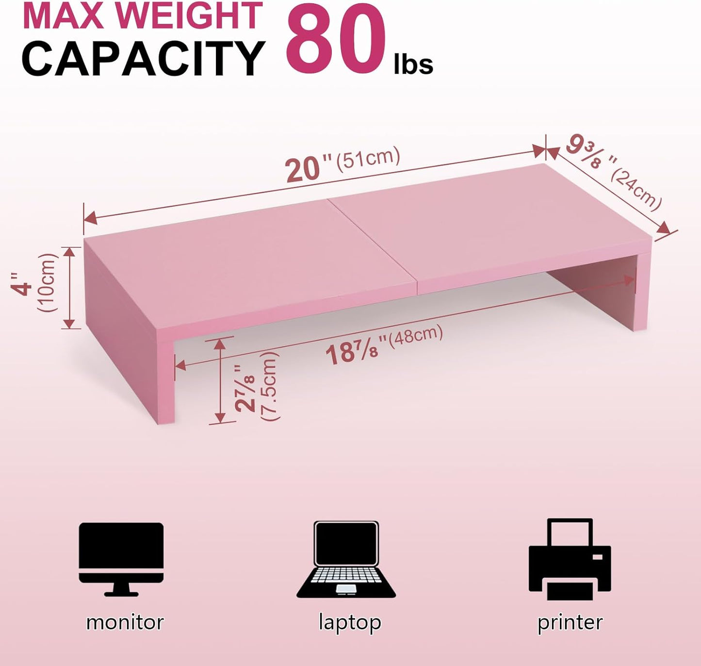 TEAMIX Pink Monitor Riser-20L inch, Wood Monitor Stand for Desk, Sturdy TV/Screen/PC/Printer/Laptop Riser,Computer Shelf with Storage TV Holder for Home Office (Pink, 20 inch)