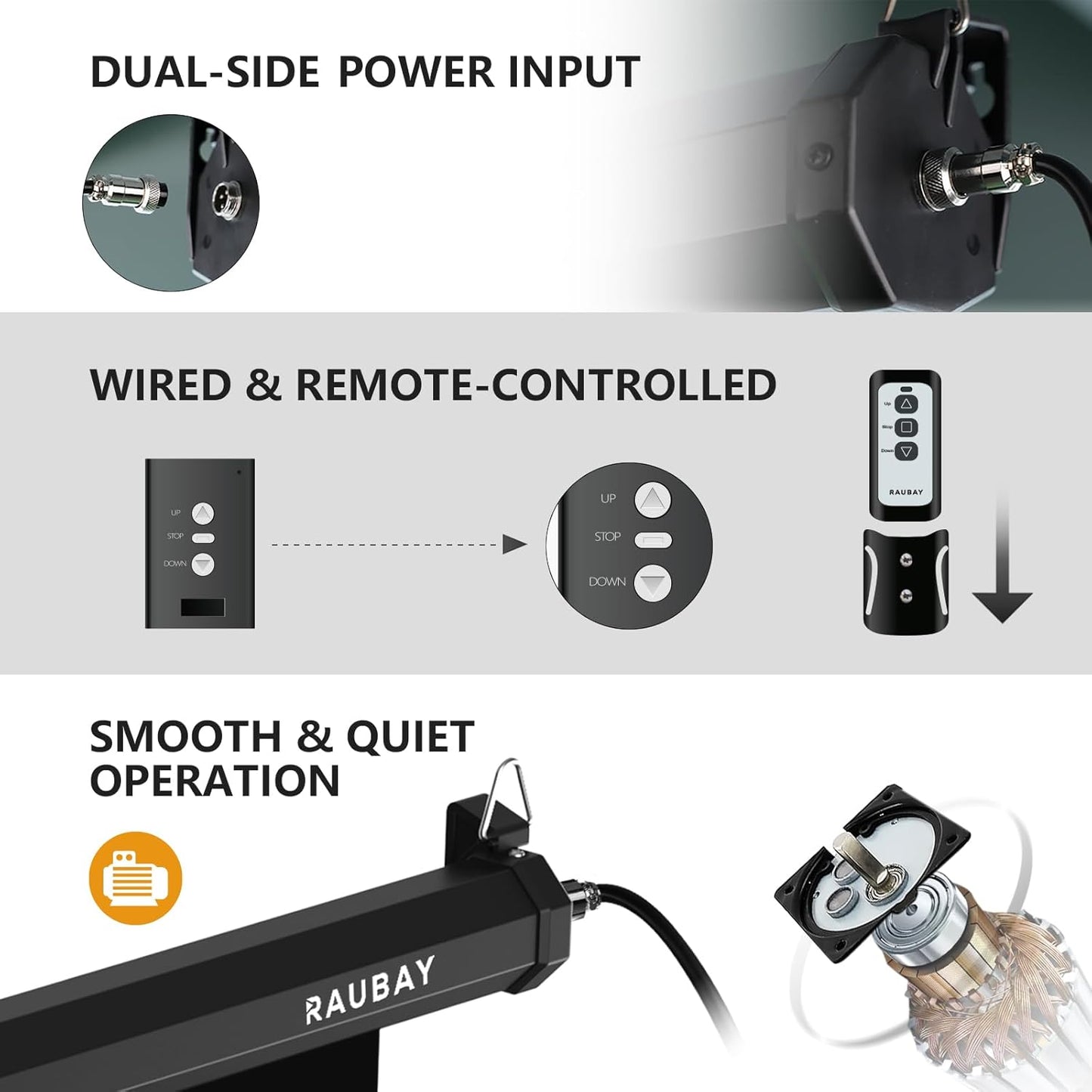 RAUBAY Motorized Pull Down Black Screen Backdrop - 59.8" x 86.6" Collapsible Wall-Mount Background for Professional Video Production, Photography Studio, Video Conferencing and YouTube, TikTok Creator