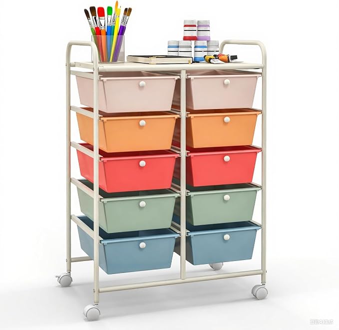 GLACER 10 Drawer Rolling Cart, Storage Cart with Lockable Whieels & Metal Frame, Trolley for Art Craft Oganizer, Mobile Utility Cart for Office, School, Classroom, Kitchen (Multicolor)