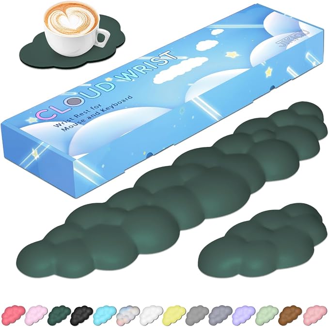 JIKIOU Upgrade Leather Cloud Wrist Rest for Keyboard and Mouse & Cup Pad | Wish Gift-Cute Cloud Shape, Comfortable and don’t Irritate to Skin, Non-Slip PU Base,Soft Memory Foam filled for Pain Relief
