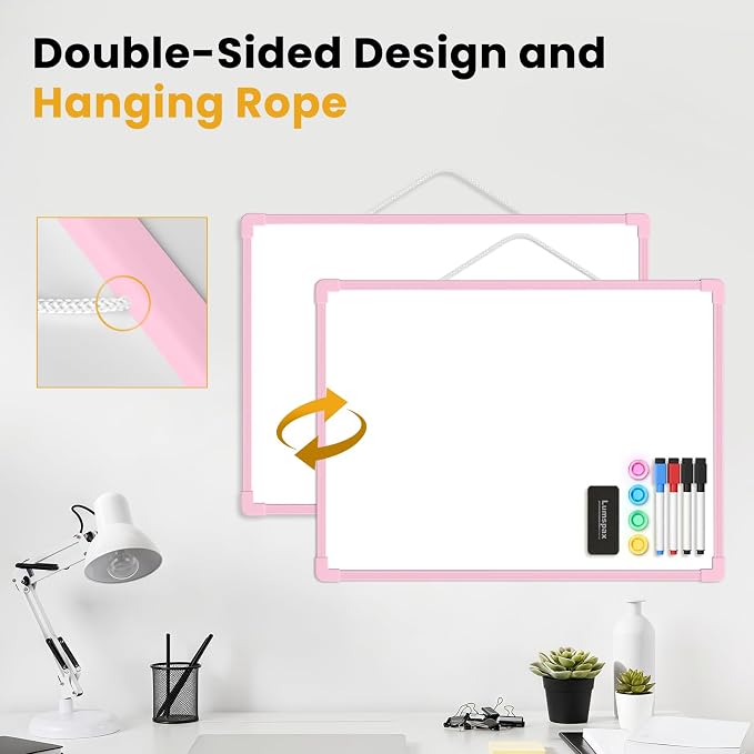 Pink Frame Small Dry Erase Board for Wall, 16" x 12" Double-Sided Hanging Whiteboard with 4 Markers, 4 Magnets and 3 Mini Sticky Notes, Portable Whiteboard for Kids, School, Home, Office