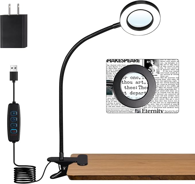 Woputne Desk Lamp 5X Magnifying Glass with Light Clamp Light for Reading | 10 Brightness, 3 Color Modes, 5V/2A Adapter Included – Clip on magnifying light Hands Free for Crafting, Close Work