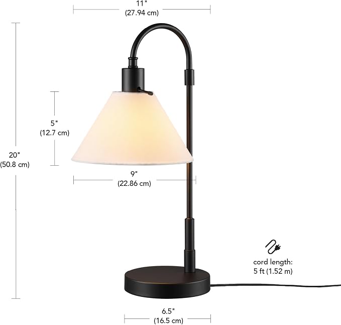 Globe Electric 20" Table Lamp, Matte Black, White Fabric Shade, Rotary Switch on Socket, 5-Foot Black Cord, Bedroom, Home Décor, Nightstand