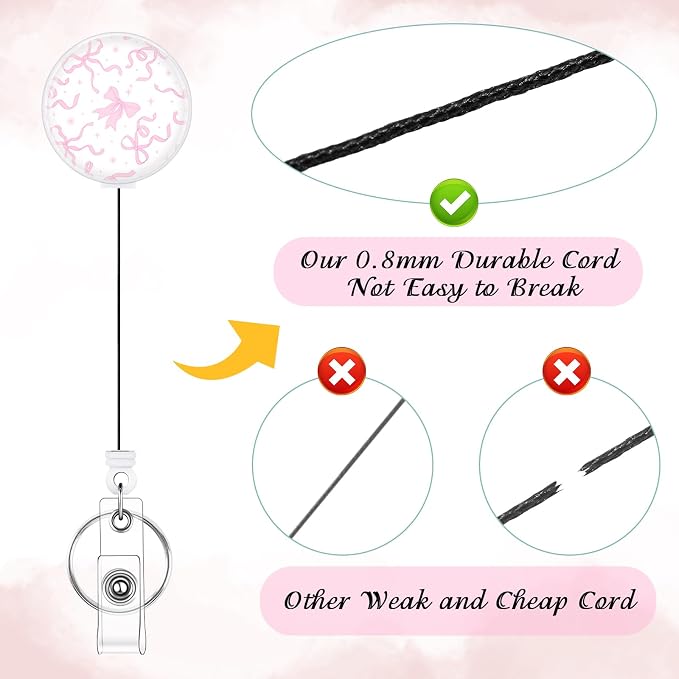 BESARME 3 Pack Bow Badge Reels Retractable Badge Clip with Key Ring Retractable Badge Holders for Office Worker Teacher Nurse Student（Pink Bow）
