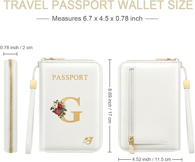 Passport Holder for Travel Personalized Wallet with Wristlet Women | All-in-One Passport Cover, RFID Blocking, Back Coin Pocket, Paper Money Slot, Zipper Closure, Roses Initial Letter, White G
