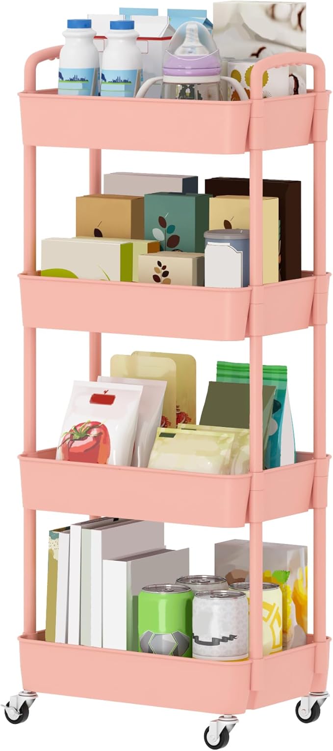 Sywhitta 4-Tier Plastic Rolling Utility Cart with Handle, Multi-Functional Storage Trolley for Office, Living Room, Kitchen, Movable Storage Organizer with Wheels, Pink | Multi-Functional Storage Trolley, for Office, Living Room, Kitchen, Bathroom,Mova...
