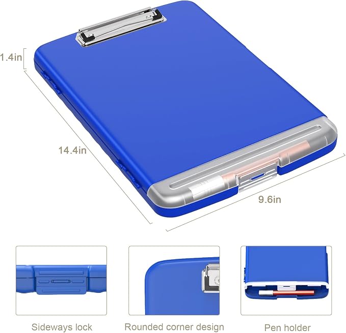 Piasoenc Clipboard with Storage, 8.5 x 11 Clip Board with Pen Holder, Blue | High Capacity, Heavy Duty Plastic Organization Box for A4 Legal Paper Folder, Folio & Side-Opening Nurses, Teachers, Student