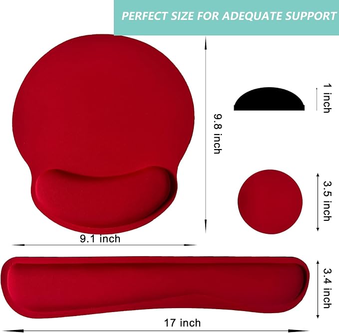 Keyboard Wrist Rest Pad Mouse Pad with Wrist Support Set of 3, Mousepad with Non-Slip Rubber Base, Ergonomic Memory Foam Mouse Wrist Cushion Support for Home Office Laptop Computer Gaming, Red
