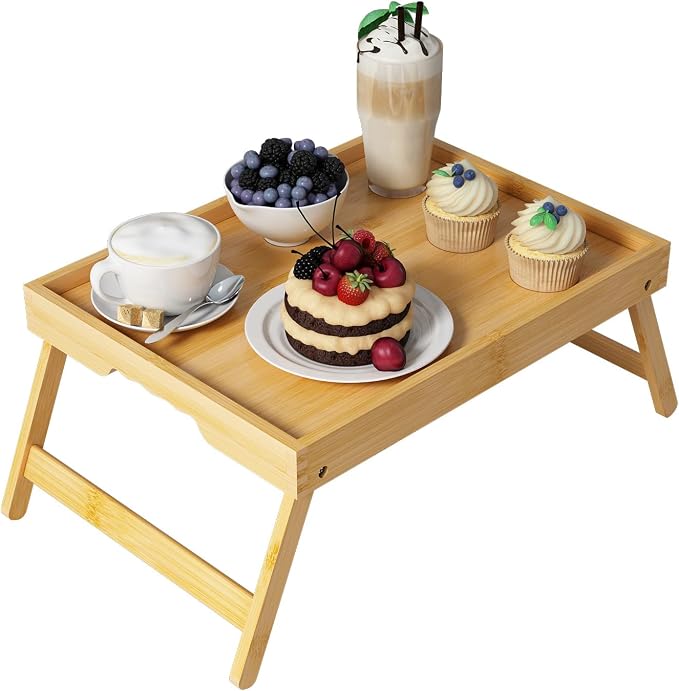 Youpehom Bamboo Bed Tray Table with Folding Legs, Medium, Bamboo | Bamboo bed tray with folding legs, handles and raised edges for meals, laptops, reading and serving in bed or on a sofa.