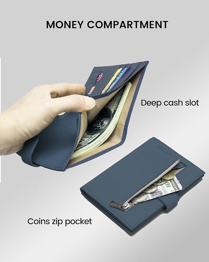 Karmiir RFID Slim Passport Holder for Man & Women, Compact Leather Passport Wallet with Card Holders SIM Slots, Zippered Coins Pocket and Cash Holder Travel Passport Cover Case, Dark Blue