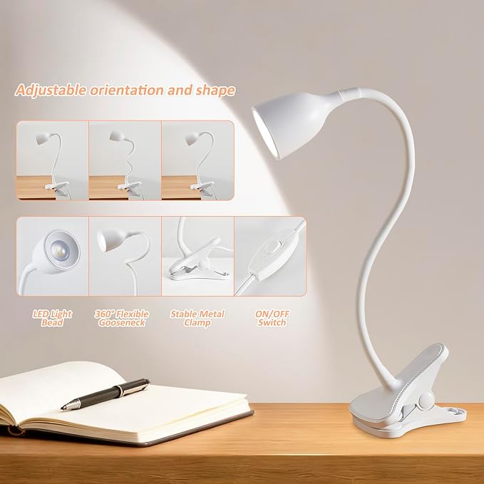 EJIAXIN Desk Lamp for Home Office - Clip on Reading Light and Bed Headboard Clamp Lamp, Bedside Gooseneck Table Lamp, Clip on Desk Lamps, Eye-Caring Desk Lamp for College Dorm Room Study Lamp, White