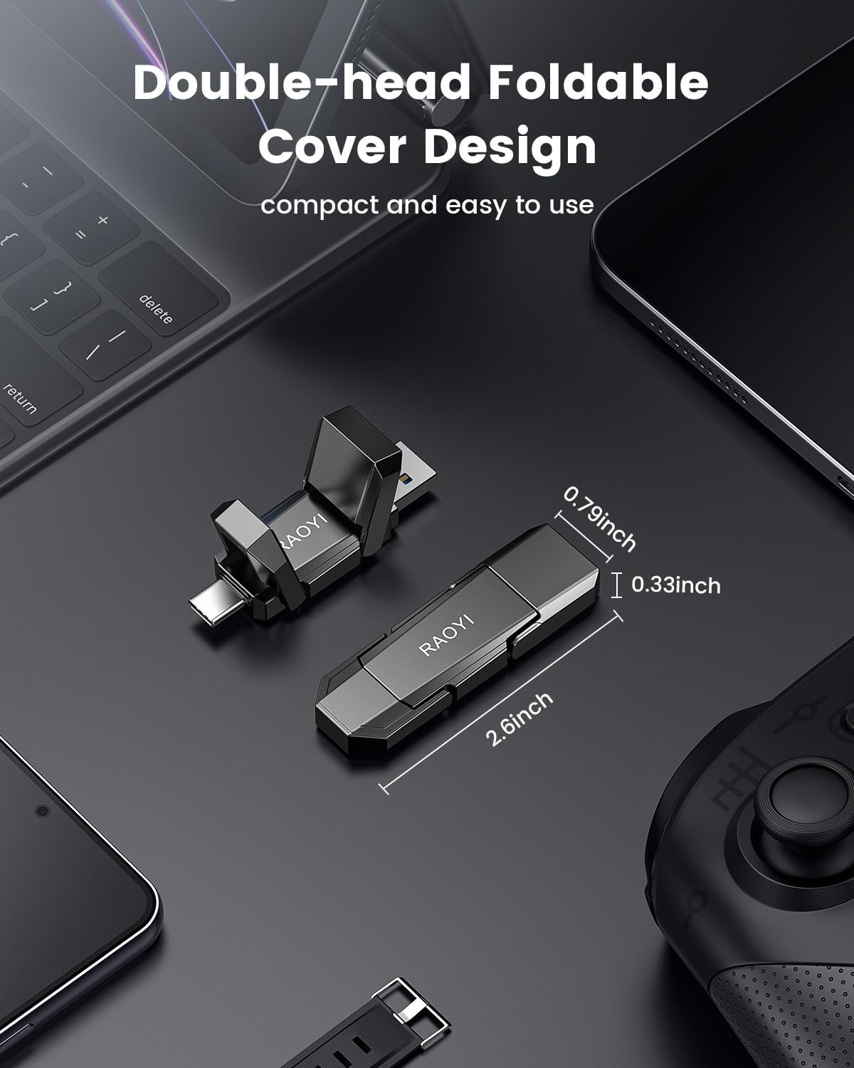 RAOYI 256GB USB C External SSD, 2-in-1 Solid State Drive Up to 450MB/s Dual USB 3.2 + Type-C Thumb Drive Portable SSD Drive for iPhone 15/16, Android, Tablet, PC and PS4