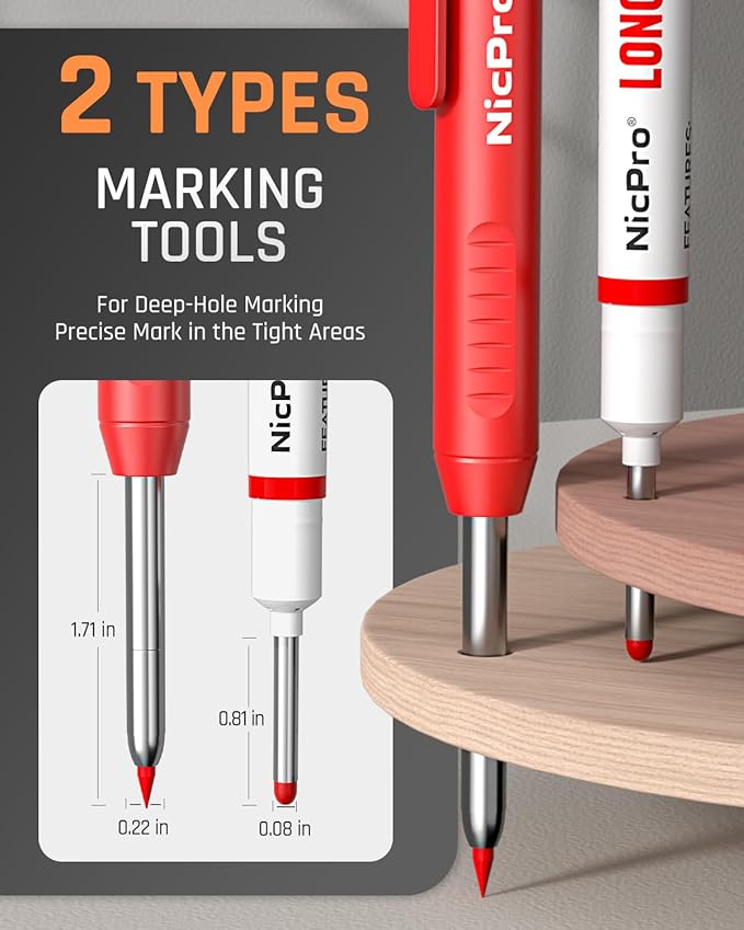 Nicpro CP1000 Carpenter Pencils with Sharpener, 2 Pack | Mechanical Carpenter Pencil+26 Refills, Deep Hole Long Nib Marker for Construction, Heavy Duty Woodworking Pencil for Marking