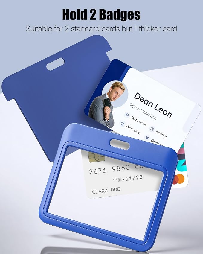 Uniclife 3 Pack Sliding ID Badge Holder Blue Horizontal Hard Plastic Case with Clear Window Card Protector Pouch for Office School ID Credit Cards Proximity Key Cards Driver’s Licenses and Passes
